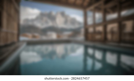 A tranquil indoor infinity pool overlooking a breathtaking snow-covered mountain range, perfect for luxury travel, wellness, and winter getaway marketing themes.