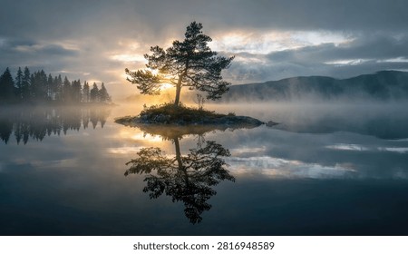 A tranquil island with a single pine tree sits in the middle of a misty lake during a serene sunrise.