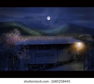 A tranquil night scene features a single house nestled in rolling hills, a glowing street lamp, a blossoming tree, and a full moon over distant mountains, conveying calm, serenity, and wonder.