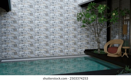 a tranquil outdoor setting featuring a small pool, a stone-textured wall, and a seating area. The wall is designed with a pattern that mimics stacked stones, giving it a natural, rustic appearance