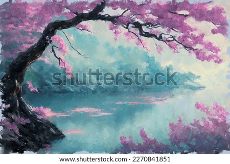 Tranquil picturesque spring landscape with single japanese pink sakura cherry tree in full blossom over calm lake water. My own digital art painting illustration.