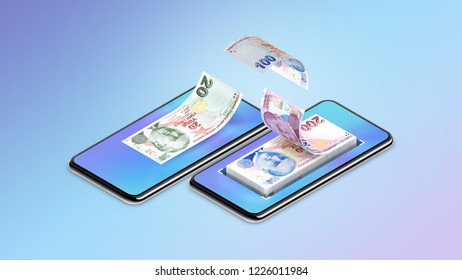 Transfer TL Money By Black Mobile Smart Phone, 3D Illustration.