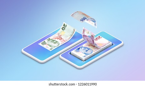 Transfer TL Money By Black Mobile Smart Phone, 3D Illustration.