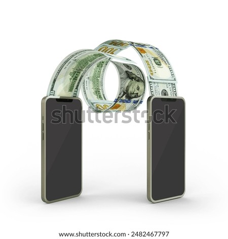 Transferring US dollar notes from one mobile phone to another. Online money transfer concept. money coming out of mobile phone isolated on white background. 3d rendering
