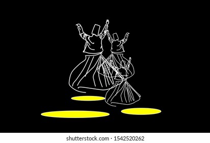 The transformation into a single. Whirling dervishes.  Whirling motion as a single mechanism.Sufi religious dance. Illustration, background.