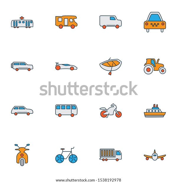 Transit icons colored line set with bicycle,\
scooter, campervan and other automobile elements. Isolated\
illustration transit\
icons.