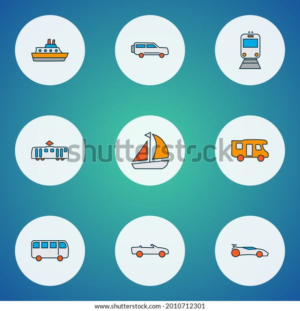 Transit\
icons colored line set with bus, train, campervan and other tramway\
elements. Isolated illustration transit\
icons.