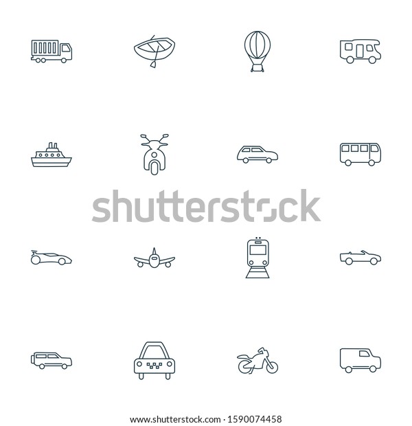 Transit icons line style set with truck, air\
balloon, sport car and other vessel elements. Isolated illustration\
transit icons.
