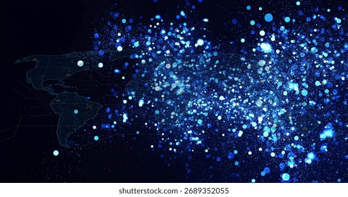 Transitioning digital interface from faint wireframe map to dense glowing data point cloud. Data visualization, network, digital, technology, abstract, futuristic, info-graphic