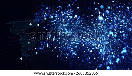 Transitioning digital interface from faint wireframe map to dense glowing data point cloud. Data visualization, network, digital, technology, abstract, futuristic, info-graphic