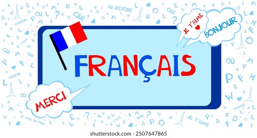 Translate: "French".  Francais. Learning French Online education concept. French language.  Dictionnaire. Dictionary. illustration for education, foreign language study. French for kids.   - Powered by Shutterstock