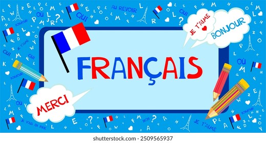 Translate: "French".  Francais. Learning French Online education concept. French language.  Dictionnaire. Dictionary.  illustration for education, foreign language study. French for kids.   - Powered by Shutterstock