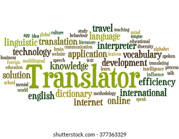 Translator, word cloud concept on white background.