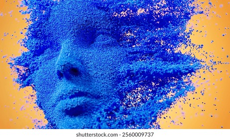 A translucent blue face formed from particles seems to dissolve into an orange backdrop, blurring its features and creating an otherworldly, abstract aura. 3D Illustration
