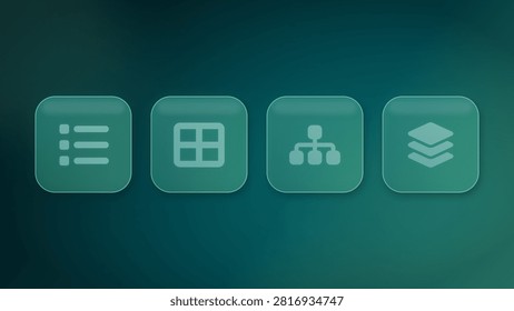 Translucent glass buttons with list, grid, sitemap and layers icons