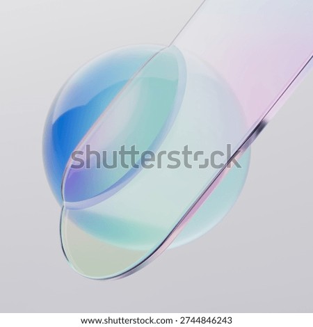 Translucent holographic sphere intersects curved glass surface. Evokes smooth synergy and premium innovation. Perfect for corporate identity, biotech advertising, and luxury product presentation. 3d rendering