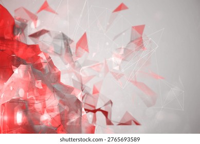 Translucent red polygonal fragments are floating in abstract 3D render, with white network lines. Abstract, geometric, futuristic, innovation, connectivity, technology, digitalart