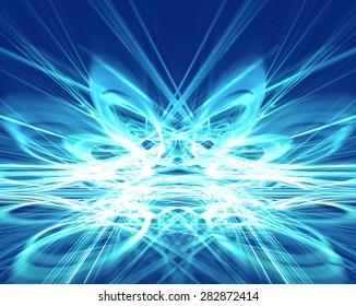Translucent space nebula complex structured in different directions. Shining a fantastic blue line in a furious movement go beyond the horizon. Fractal art graphics.