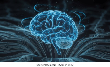 A translucent, teal-colored digital rendering of a human brain is shown against a black background.  Energy waves emanate from the brain.