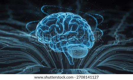 A translucent, teal-colored digital rendering of a human brain is shown against a black background.  Energy waves emanate from the brain.