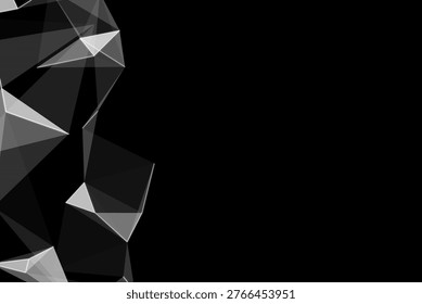 Translucent triangular polygon cluster is being displayed in flat design on black with white lines. Geometric, abstract, futuristic, digitalart, minimalist, technology, visualidentity