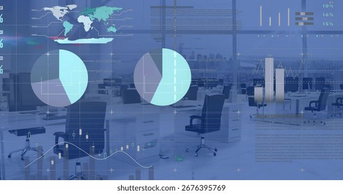 Translucent visualizations covering open plan office, with desks, chairs, pie charts and world map. Technology, analytics, data visualization, corporate, innovation, modern, digital