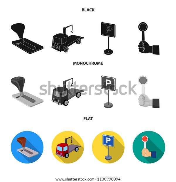 Transmission handle, tow truck,
parking sign, stop signal. Parking zone set collection icons in
black, flat, monochrome style bitmap symbol stock illustration
web.