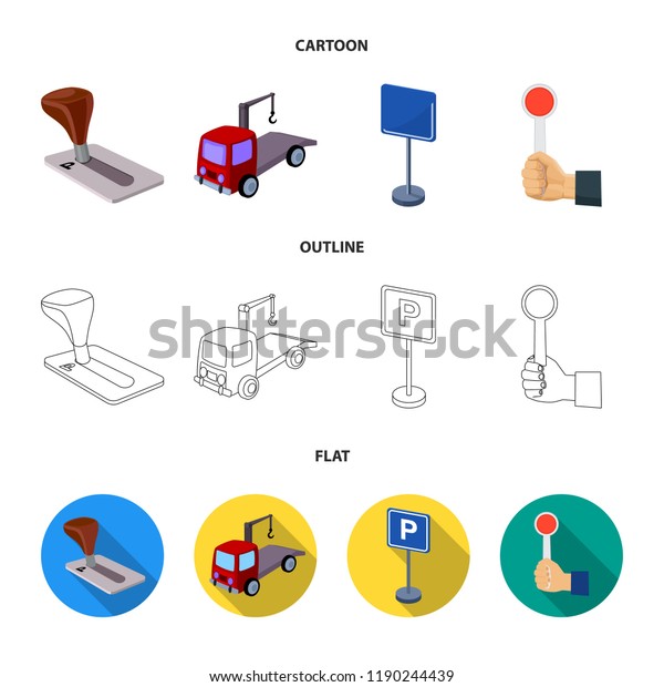 Transmission handle, tow truck, parking
sign, stop signal. Parking zone set collection icons in
cartoon,outline,flat style bitmap symbol stock illustration
web.