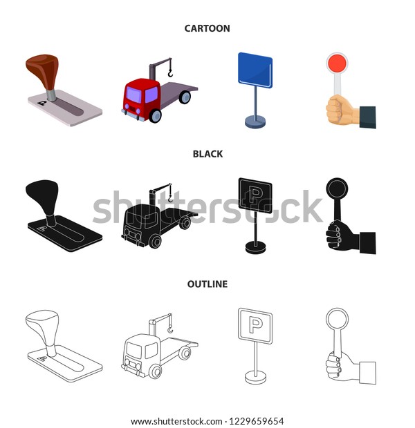 Transmission handle, tow truck, parking\
sign, stop signal. Parking zone set collection icons in\
cartoon,black,outline style bitmap symbol stock illustration\
web.