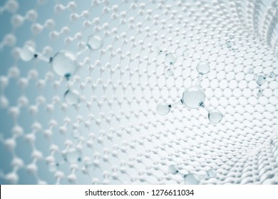 Transparent atoms in white carbon molecule tunnel over blue background. Concept of nanotechnology and science. 3d rendering