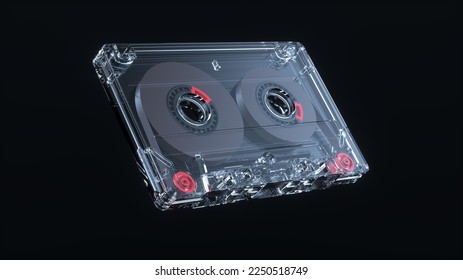 Transparent Audio Cassette Tape on a Black Studio Background. Minimal concept. Retro. 3D render.