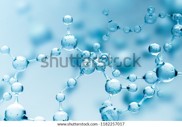 Transparent blue abstract\
molecule model over blurred blue molecule background. Concept of\
science, chemistry, medicine and microscopic research. 3d rendering\
copy space