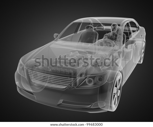 transparent car\
concept with driver made in\
3D