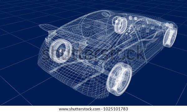 Transparent car design, wire model.3D\
illustration. My own car\
design.