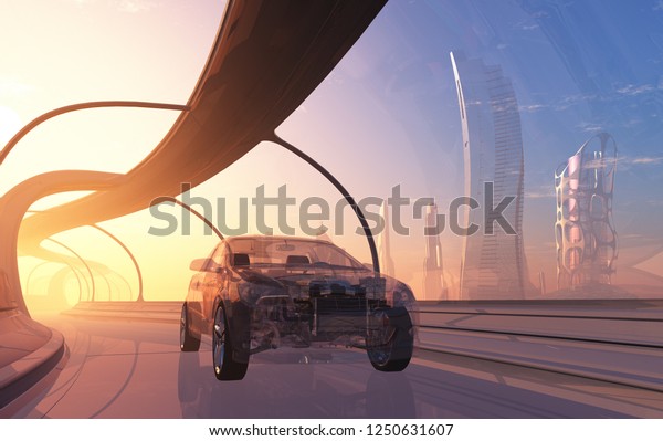 Transparent car in a
glass tunnel.3d
render