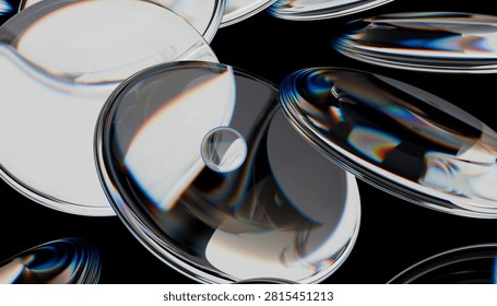 A transparent discs create mesmerizing visual effect with reflections and refractions against dark background