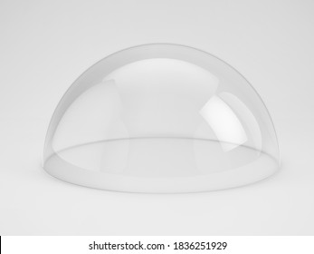 Transparent Empty Glass Hemisphere Dome. Bell Jar, Exhibition Display Case, Dust Cover On Light Gray Background. 3d Rendering