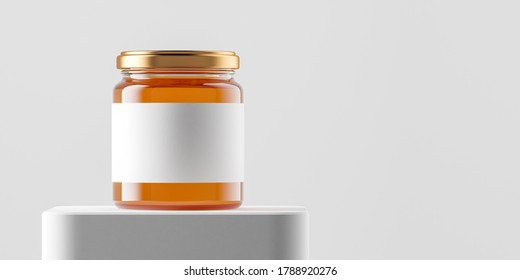 Transparent glass jar with copper metal cap and blank label filled by sweet honey on the podium over white background. 3d rendering illustration.