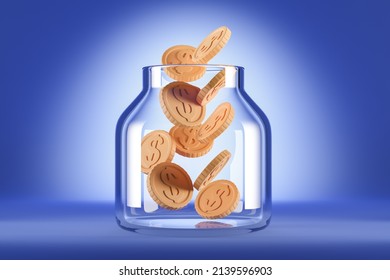 Transparent Glass Moneybox With Falling Gold Coins On Blue Background. Concept Of Savings And Accumulation. 3D Rendering