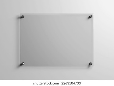 Transparent glass sign plate on white wall mockup. Template of a blank plastic business signboard on empty texture. 3D rendering