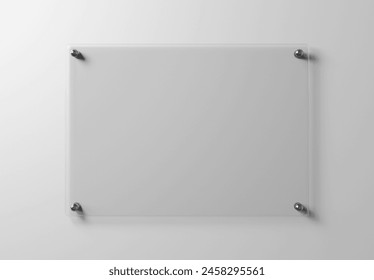 Transparent glass sign plate on white wall mockup. Template of a blank plastic business signboard on empty texture. 3D rendering