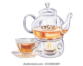 Transparent glass teapot  with tea design. Watercolor kettle illustration. Retro kitchenware clipart. - Powered by Shutterstock