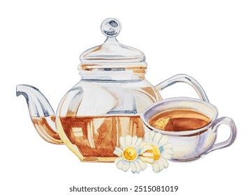 Transparent glass teapot  with tea design. Watercolor kettle illustration. Retro kitchenware clipart. - Powered by Shutterstock