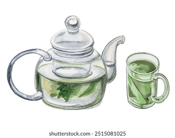 Transparent glass teapot  with tea design. Watercolor kettle illustration. Retro kitchenware clipart. - Powered by Shutterstock