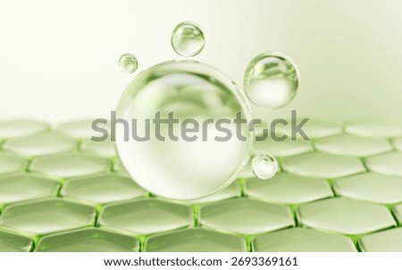 Transparent green hexagonal honeycomb and bubbles, 3d rendering. 3D illustration.