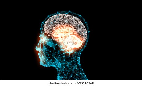 Transparent human head with a brain in 3d space. Blue abstract futuristic medicine, science and technology background illustration. Depth of field settings. 3D rendering.