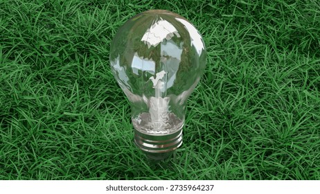 Transparent light bulb lying on fresh green grass symbolizing eco friendly energy sustainability renewable power environmental innovation and clean technology concept