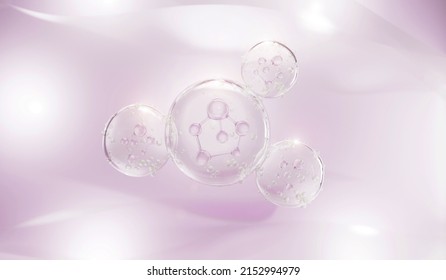 Transparent liquid bubble, Molecule inside liquid bubble on soft background, Cosmetic essence concept, 3d rendering.