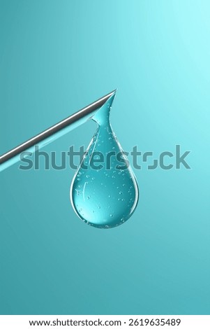 Transparent liquid drop on top of syringe needle close up on cyan background. Medical injection concept, vaccination. 3d illustration, render.