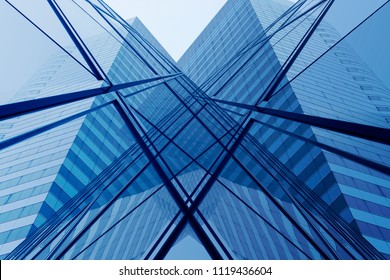 Transparent Modern Architecture. Computer Graphic Image Of Office Building Fragment Reflecting In Glass Wall Of Another Building. Abstract Hi-tech Background With Geometric Structure.